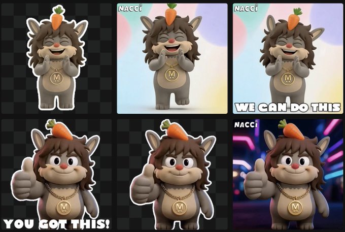 Six variations of a 3D animated character with animal ears, a carrot on its head, and an 'M' medallion, including poses with text 'WE CAN DO THIS' and 'YOU GOT THIS!'