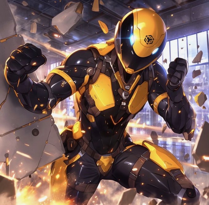 A futuristic armored hero in a sleek black and gold suit bursts through crumbling walls with dynamic energy, fists raised in a powerful stance. The bold gold and black color scheme reflects the strength and resilience of the $CaptainBNB army on BNB Chain.