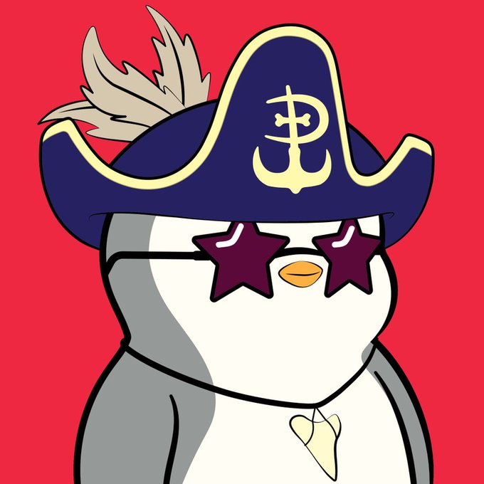 An illustrated penguin character wearing a pirate hat with an anchor symbol and star-shaped sunglasses, set against a bright red background.