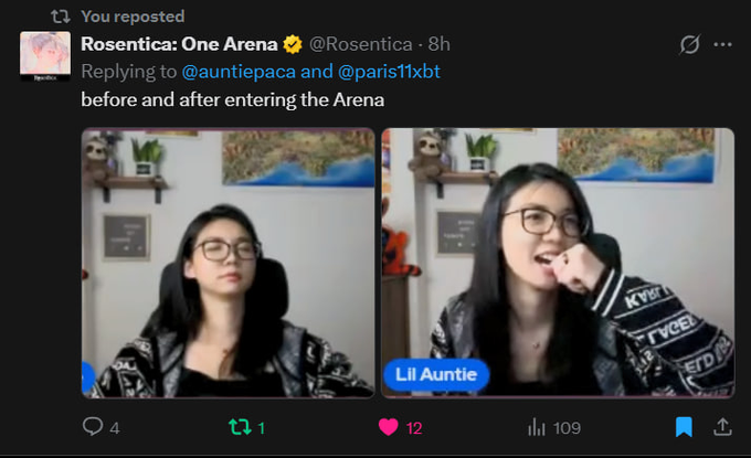 A reposted tweet by @Rosentica showing a "before and after entering the Arena" meme featuring streamer @auntiepaca (Lil Auntie), with the smiling "after" image illustrating her enjoyment of the onboarding experience mentioned in the post about getting into ripping cards on chain.