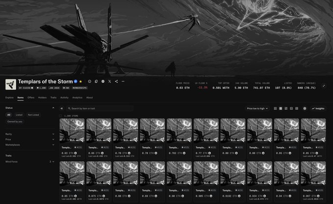 A screenshot of an OpenSea NFT collection page displaying "Templars of the Storm" by nadoHQ, showing a dark, dramatic banner image of a figure facing a massive spiky structure against swirling cosmic clouds. The page displays multiple NFT listings with prices ranging from approximately 0.85 to 0.94 ETH, with stats showing a floor price of 0.85 ETH (-31.3%) and 643 owners.
