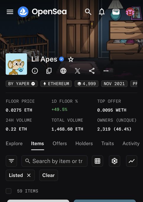 OpenSea page for 'Lil Apes' NFT collection by YAPER on Ethereum, with 4,999 items, a floor price of 0.0275 ETH (+49.5%), and 2,319 unique owners.