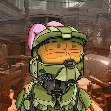 A cartoon character wearing a green Halo Master Chief-style helmet with pink bunny ears, standing in front of a wasteland/industrial backdrop.