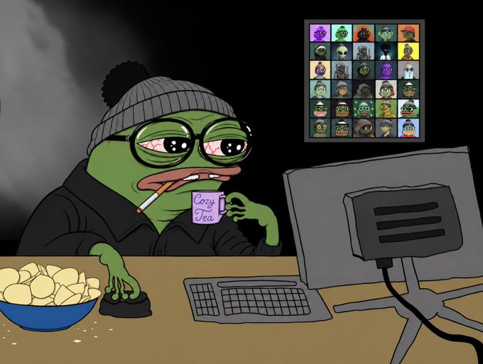 A weary Pepe the Frog, wearing a beanie and bloodshot glasses, sits at a computer sipping "Cozy Tea" while scrolling through a grid of colorful NFT avatars, perfectly capturing the bleary-eyed routine of a tired NFT trader checking collections at the start of the day.