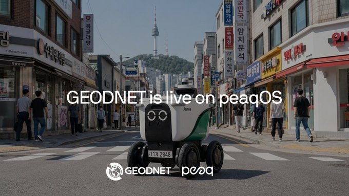 The image features a city street with a large robot driving down the road. The robot has two wheels, one at each front, and appears to be navigating through the busy streets of the city. There are several people walking around the area, going about their day. In the background, there is a tall tower visible among the buildings.

The image also contains text that reads "@GEODNET is live on peaqOS with robotic.sh Any robot running peaqOS can utilise centimeter-precise positioning on demand On any chain, paid autonomously, at scale → Delivery robot uses @official_naver for route → Uses GEODNET for precise navigation → Payments". This text seems to be related to the robot driving down the street and is likely part of a promotional message or advertisement.