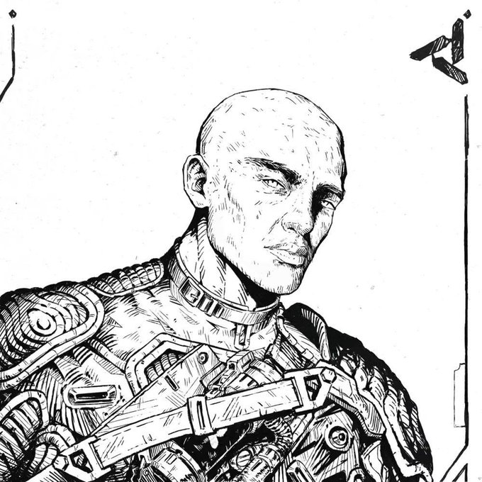 A black and white line art illustration of a bald man in detailed sci-fi armor and a high-collared uniform.