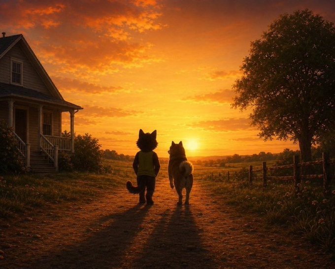 A warm, cinematic scene of two cats, one wearing a yellow vest, walking side-by-side down a dirt path toward a glowing sunset, with a rustic farmhouse and large tree nearby.