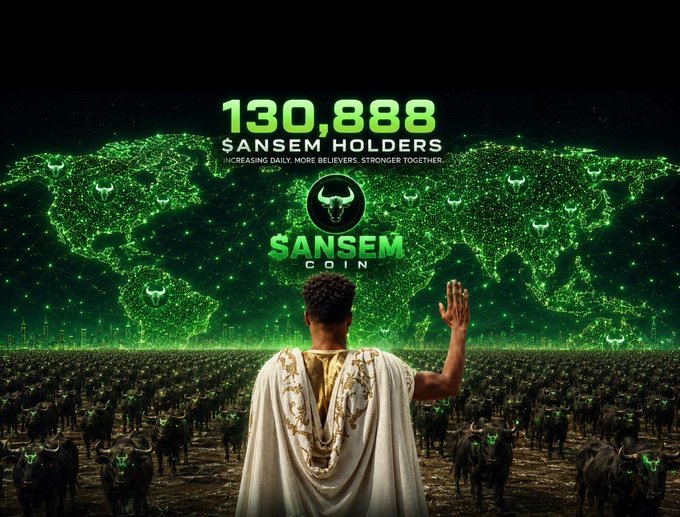 A Sanset Coin promotional graphic showing '130,888 $ANSET HOLDERS' with a figure in a white cape facing a herd of bulls, featuring a green world map background.