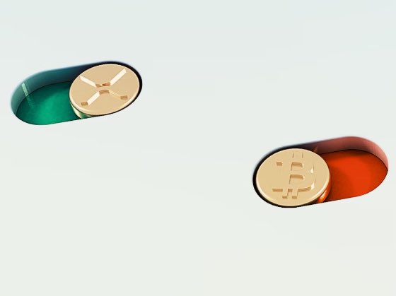 Two pill-shaped slots—one green holding a gold XRP coin and one red holding a gold BTC coin—floating against a light background, visually symbolizing the post's claim that XRP will overtake Bitcoin.