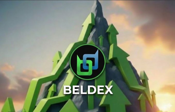 The image features a green and gray mountain peak adorned with upward-pointing green arrows, symbolizing growth and progress. In the center is the Beldex logo (a stylized "b" inside a green circle) with the text "BELDEX" displayed below it, visually reinforcing the post's message about aiming higher and Beldex's elevation of digital privacy through its comprehensive privacy ecosystem.
