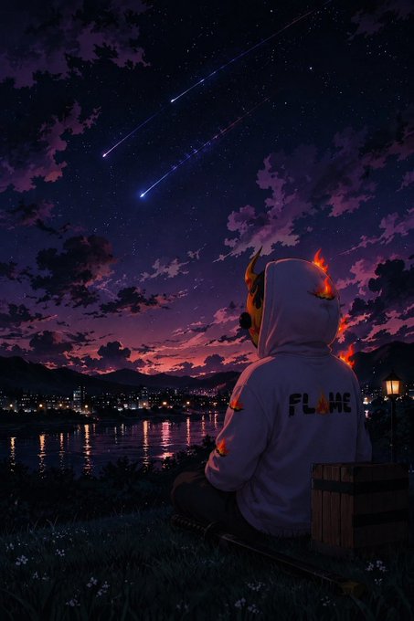 An anime-style illustration of a character in a white hoodie with flaming hair watching shooting stars from a hill overlooking a lit-up city at night.