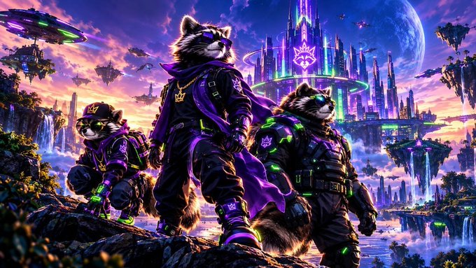 A vibrant digital artwork featuring three anthropomorphic raccoons in futuristic purple and black tactical armor, standing before a neon-lit cyberpunk cityscape with floating islands and a large planet.