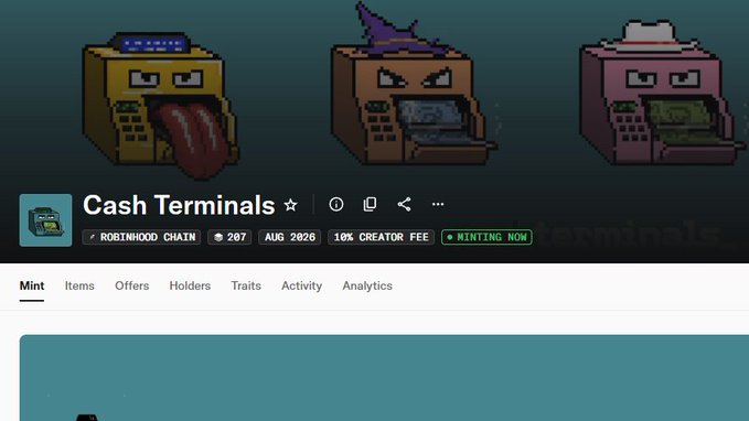 A digital NFT collection page titled "Cash Terminals" by ROBINHOOD CHAIN, featuring three pixel-art cash register characters.