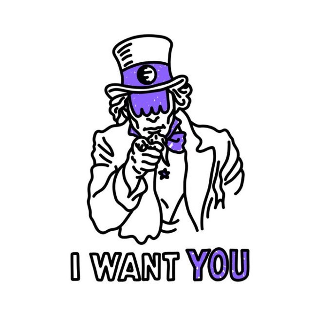 A stylized cartoon illustration depicts a figure in a top hat with a purple-shaded face pointing at the viewer, with the text 'I WANT YOU' below.