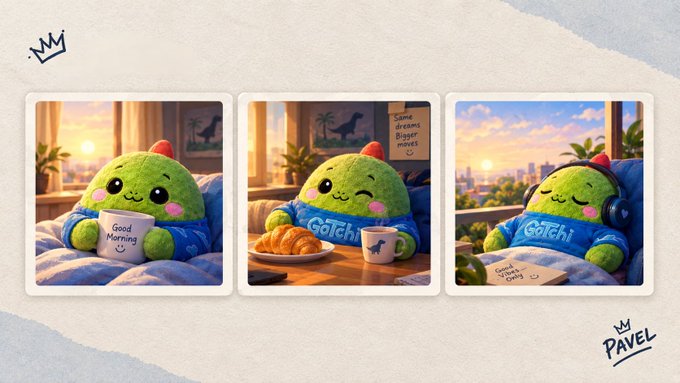 Three illustrated panels show a cute green character named "Gotch" in cozy scenes—holding a "Good Morning" mug, eating croissants, and relaxing with headphones while holding a "Good Night Sleep Only" book.