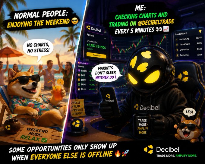 The image features a cartoon depiction of two people, one wearing sunglasses and holding an orange drink while sitting at a table with a dog nearby. The other person is dressed in a black hoodie and appears to be using a cell phone or tablet. In the background, there are several other people present, some of whom are also holding drinks.

The post includes text that reads "Normal people: enjoying the weekend Me: checking charts and trading on @DecibelTrade every 5 minutes Some opportunities only show up when everyone else is offline gQuacks @wallchain". This message suggests that the image may be promoting a product or service related to cryptocurrency, as it seems to target a specific audience interested in both leisure activities and investing.