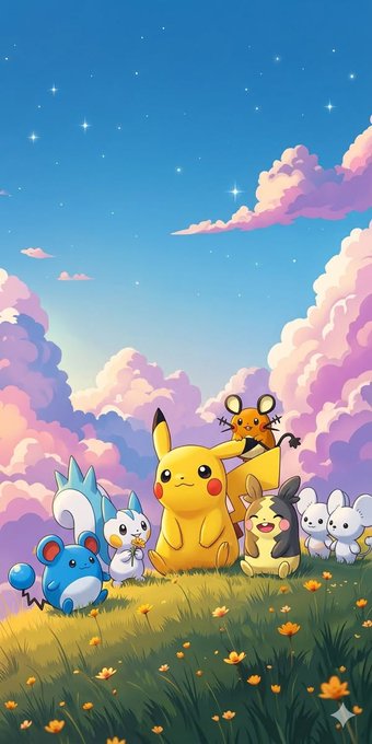 A vibrant digital illustration featuring Pikachu and several other Pokémon, including what appears to be Raichu and Pachirisu, gathered on a grassy hill under a starry sky with pink clouds.