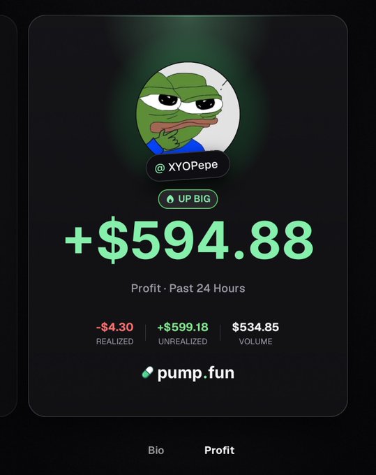 A pump.fun profit card for token '@XYOPepe' showing a Pepe the Frog avatar, an 'UP BIG' indicator, a 24-hour profit of +$594.88, with -$4.30 realized, +$599.18 unrealized, and $534.85 in volume.