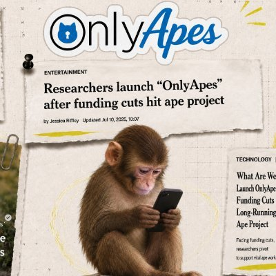 A newspaper clipping from "OnlyApes" features a headline reading "Researchers launch 'OnlyApes' after funding cuts hit ape project" by Jessica Riffey (dated July 10, 2025), alongside a photo of a young monkey intently looking at a smartphone. The satirical image humorously ties into the accompanying post, which jokes about apes launching an OnlyFans after losing federal grants, complete with a Solana meme coin contract address.