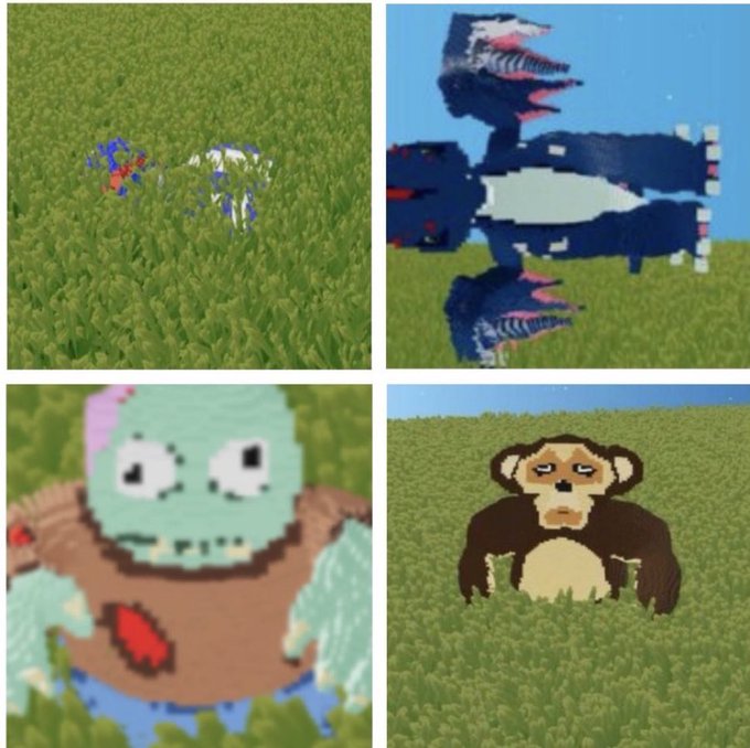 This image displays pixel art creations of characters like a zombie, a monkey, and what appears to be a robot or spaceship, likely from a block-building game that the poster is referencing.