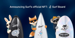 Surf announces its official NFT "Surf Board," featuring three illustrated surfboard characters—a goat in a spacesuit, a fox with a lightning bolt, and a sloth in a yellow hoodie with sunglasses and a surfboard—alongside the text "Announcing Surf's official NFT: 🏄 Surf Board."

The image corresponds to the post, which describes a user claiming SURFBOARD NFT #6653 (Common grade) from Surf, featuring the same sloth character wearing a yellow hoodie and sunglasses shown on the right side of the image.