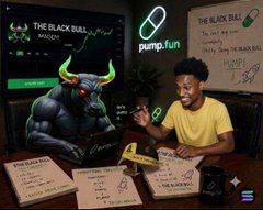 Illustration of a person in a yellow shirt at a desk signing documents labeled 'the black bull', alongside a black bull character with red eyes, with 'pump.fun' and 'THE BLACK BULL' logos visible.