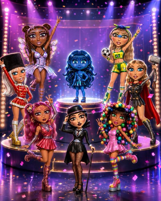 A vibrant digital illustration of seven stylized doll-like characters in various costumes (fairy, soccer player, vampire, etc.) posing on a stage with confetti and purple lighting.