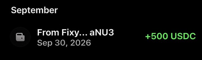 A digital payment notification displaying 'September', 'From Fixy... aNU3', 'Sep 30, 2026', and '+500 USDC' on a black background.