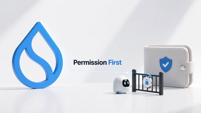 A Sui Network promotional graphic displays a blue water droplet logo next to the text 'Permission First,' alongside a wallet with a security shield and a small robot figure by a gate.