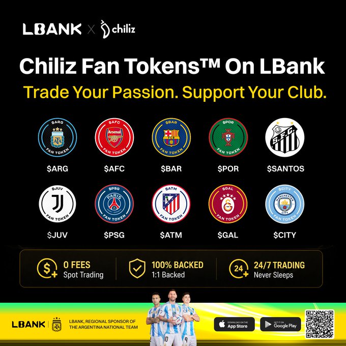 A promotional graphic from LBank and Chiliz announcing the availability of ten Chiliz Fan Tokens ($ARG, $AFC, $BAR, $POR, $SANTOS, $JUV, $PSG, $ATM, $GAL, and $CITY), highlighting features like 0% spot trading fees, 1:1 backed assets, and 24/7 trading, with LBank noted as a regional sponsor of the Argentina National Team.