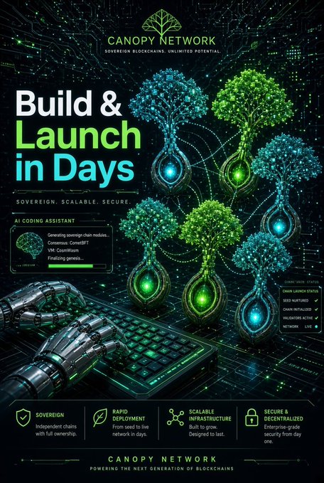 A promotional graphic for Canopy Network, a sovereign blockchain platform, advertises 'Build & Launch in Days' with features including AI coding assistance, sovereign chains, and decentralized security.