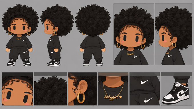 A character design sheet showing a stylized cartoon figure with a large black afro, gold hoop earrings, a "babygirl" necklace, and a black Nike tracksuit viewed from multiple angles.