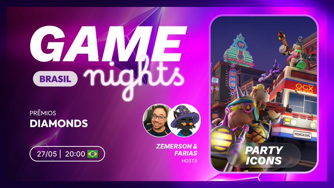 The image features a poster for a party game night event called "Game Nights" that takes place at a club named "@ThorBlueETH". The poster includes an illustration of a cartoon character, possibly a man or woman, with a caption that reads "Hoje tem Game Night de @PartyIconsOGX 25 USDC em premiação hoje + Diamonds para os mais ativos do club!". The event is scheduled to take place on Friday the 26th of the month.