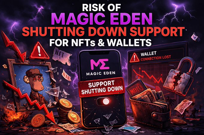 A dramatic graphic warning about the 'RISK OF MAGIC EDEN SHUTTING DOWN SUPPORT FOR NFTs & WALLETS' featuring a smartphone, Bored Ape NFT, and falling charts.