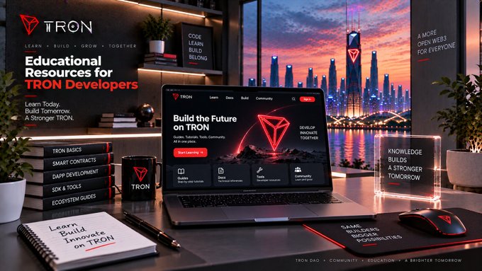 Promotional graphic for TRON featuring 'Educational Resources for TRON Developers' with a laptop displaying the TRON website, alongside topics like TRON Basics, Smart Contracts, DApp Development, and Ecosystem Guides.