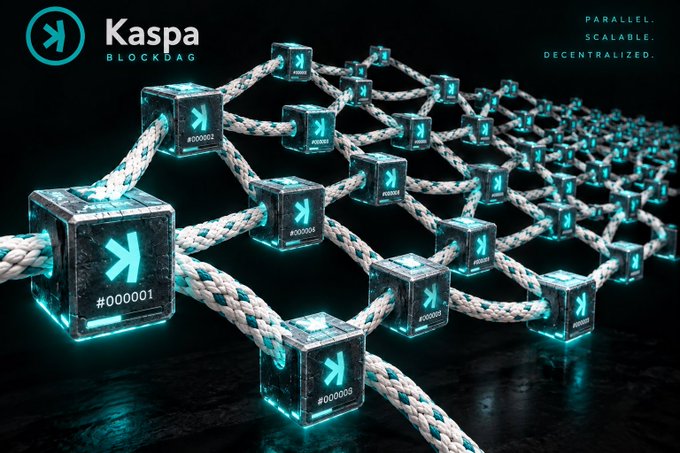 Kaspa BlockDAG promotional image showing a 3D network of glowing teal cubes connected by ropes, with the tagline "PARALLEL. SCALABLE. DECENTRALIZED."