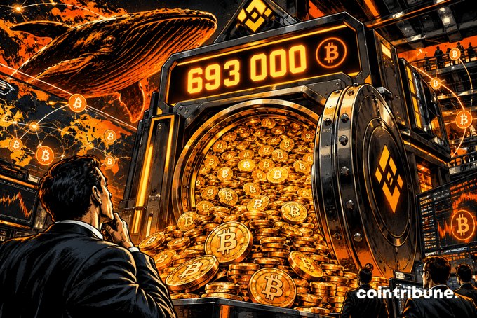 Vibrant digital artwork depicting a man in a suit contemplating a massive vault of Bitcoin coins with '693 000' displayed on a digital counter, watermarked with 'cointribune'.