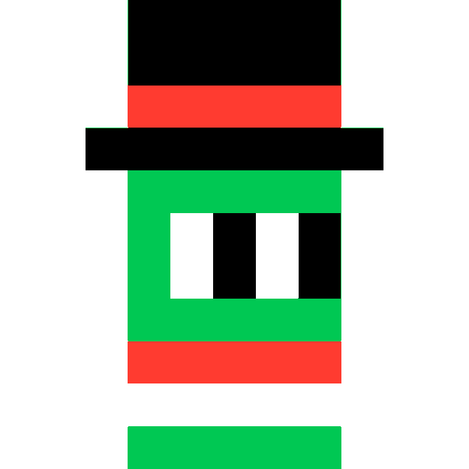 A simple pixelated figure featuring a black top hat with a red band, a green body with a red stripe, and a face displaying the number "11" in black and white blocks, celebrating Ethereum's 11th birthday. The digital art piece visually represents the "11x11" networked art initiative announced in the post.