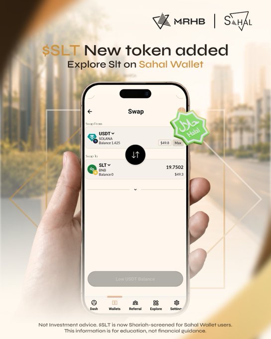 A promotional advertisement from MRHB and SAHAL announcing the addition of the $SLT token to the SAHAL Wallet, showing a token swap interface on a smartphone.