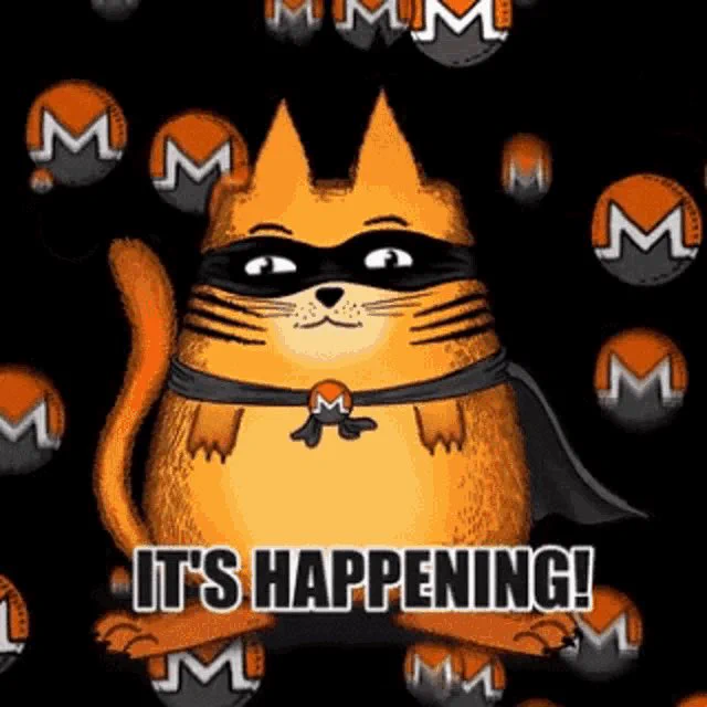 An orange cartoon cat dressed like a ninja stands against a black background with repeated logos and the caption “IT’S HAPPENING!”