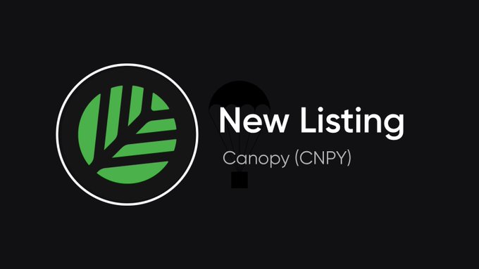 A dark promotional graphic announces "New Listing" for Canopy (CNPY), featuring a green tree-themed circular logo on the left and a subtle parachute icon behind the text, visually aligning with the post's announcement that CNPY is now trading on Bitvavo.