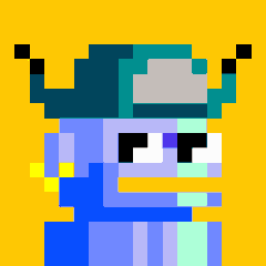 A pixel art image of a cat-like character with a blue headband against a yellow background.
