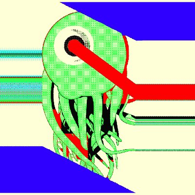 The image features a digital art piece with an octopus-like creature, which appears to be green and red. The creature has tentacles that extend outwards from its body, giving it a unique appearance. The creature's head is adorned with a red circle, adding to its distinct look. The background of the image consists of various lines and shapes, creating a sense of depth and complexity. The post includes text that reads "This isn't clean. That's the point. OCTO//G is a corrupted digital world leaking through pixels, scanlines and bad signals." This message seems to be related to the art piece or could be an unrelated comment about the image in general.