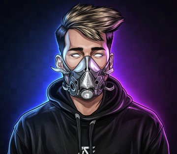 A digital illustration of a man with styled brown hair wearing a metallic gas mask and a black hoodie against a purple and blue background.