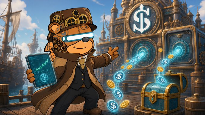 A cartoon-style illustration of a steampunk character in a top hat holding a holographic chart, standing near a treasure chest with floating coins and a dollar sign in the background.