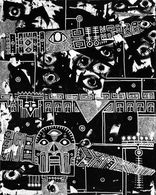 A high-contrast black and white zine-style collage featuring multiple eyes, geometric patterns, symbols, and a prominent stylized face at the bottom.
