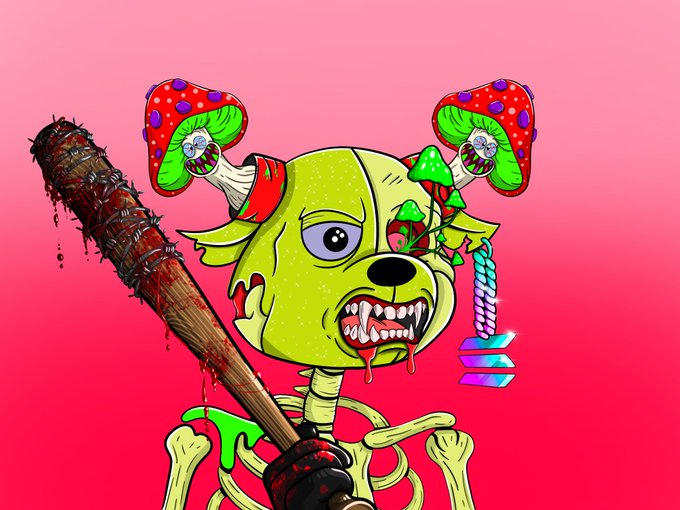A cartoon zombie dog with mushrooms sprouting from its head wields a barbed baseball bat covered in blood on a pink background, branding the bullish yet chaotic aesthetic of "BullBearsX."