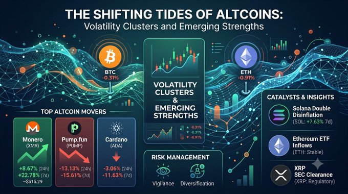 A digital financial infographic titled "THE SHIFTING TIDES OF ALTCOINS: Volatility Clusters and Emerging Strengths" displays performance metrics for several cryptocurrencies, showing Monero (XMR) as a top gainer at +8.67% over 24 hours, while Cardano (ADA) fell -3.06% and Pump.fun (PUMP) dropped -15.61%. The graphic also features Bitcoin (BTC) down -0.31% and Ethereum (ETH) down -0.91%, alongside catalysts like Solana Double Disaffiliation (+7.63% for SOL) and XRP SEC Clearance, illustrating the post's theme of selective altcoin dispersion and divergent market narratives.