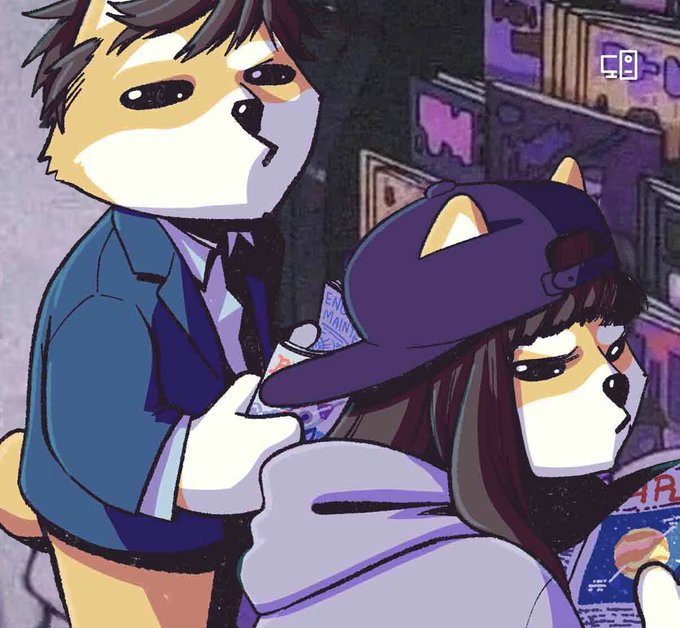 Two anthropomorphic Shiba Inu characters are shown in a bookstore, with the male in a blue suit handing a book to a female wearing a purple cap and hoodie, perfectly illustrating the post's request for travel reading recommendations en route to Mars. Visible text on a nearby book cover reads "EM" and "NTAINS," hinting at a possible sci-fi or mountaineering-themed title suited for the journey.