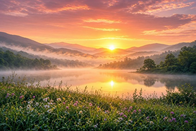 A serene sunrise over a misty mountain lake, with soft orange and pink hues reflecting on the calm water, framed by lush wildflowers in the foreground.